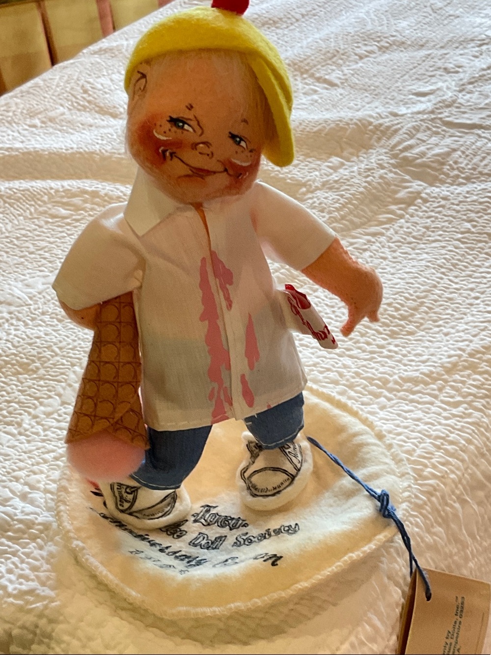 Annalee Yellow-Hat Doll with Pink Shirt Accents and Blue Jeans